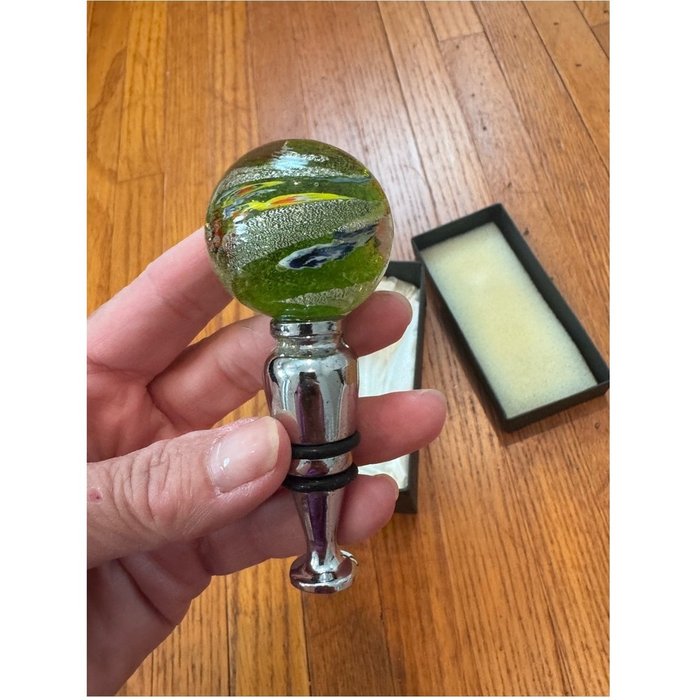Murano Art Glass Wine Bottle Stopper Italy Multicolor Swirls Green Blue Yellow